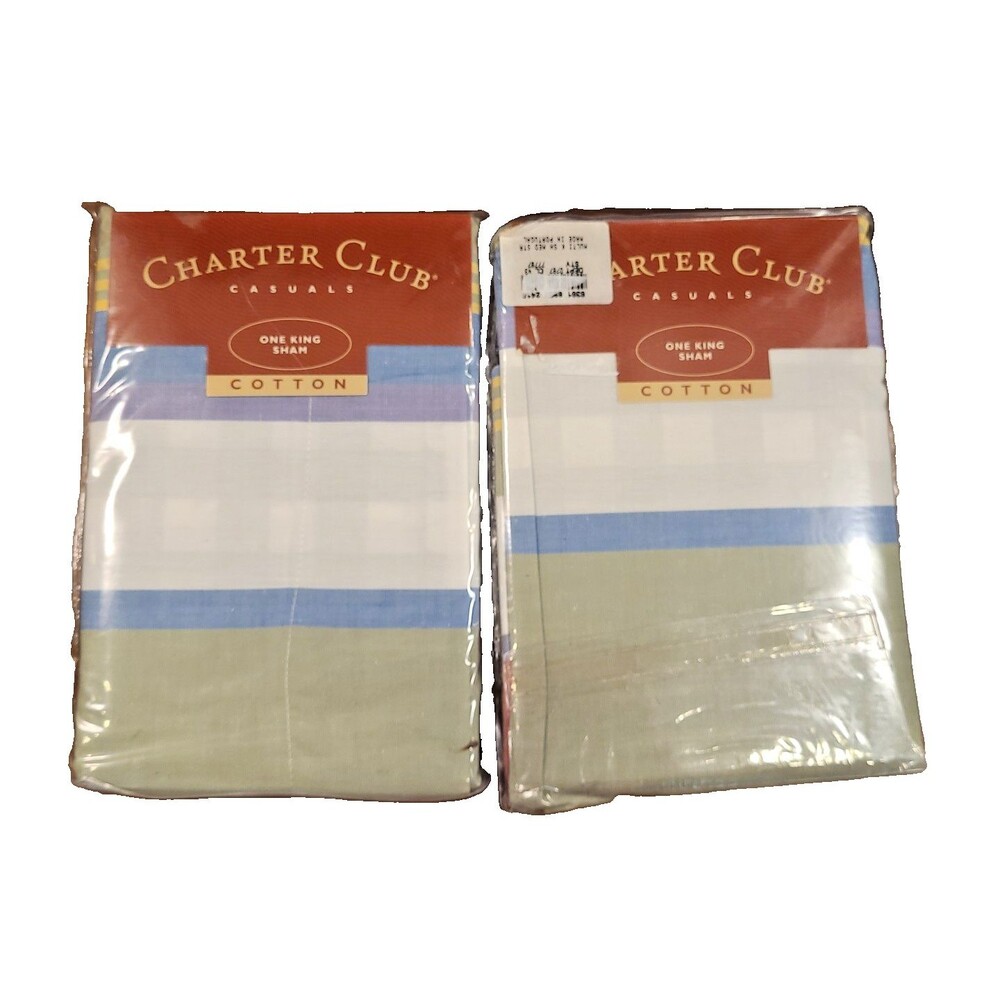 (2) Vtg CHARTER CLUB Casuals King Pillow Sham Stripe Plaid Blue Green Purple NOS